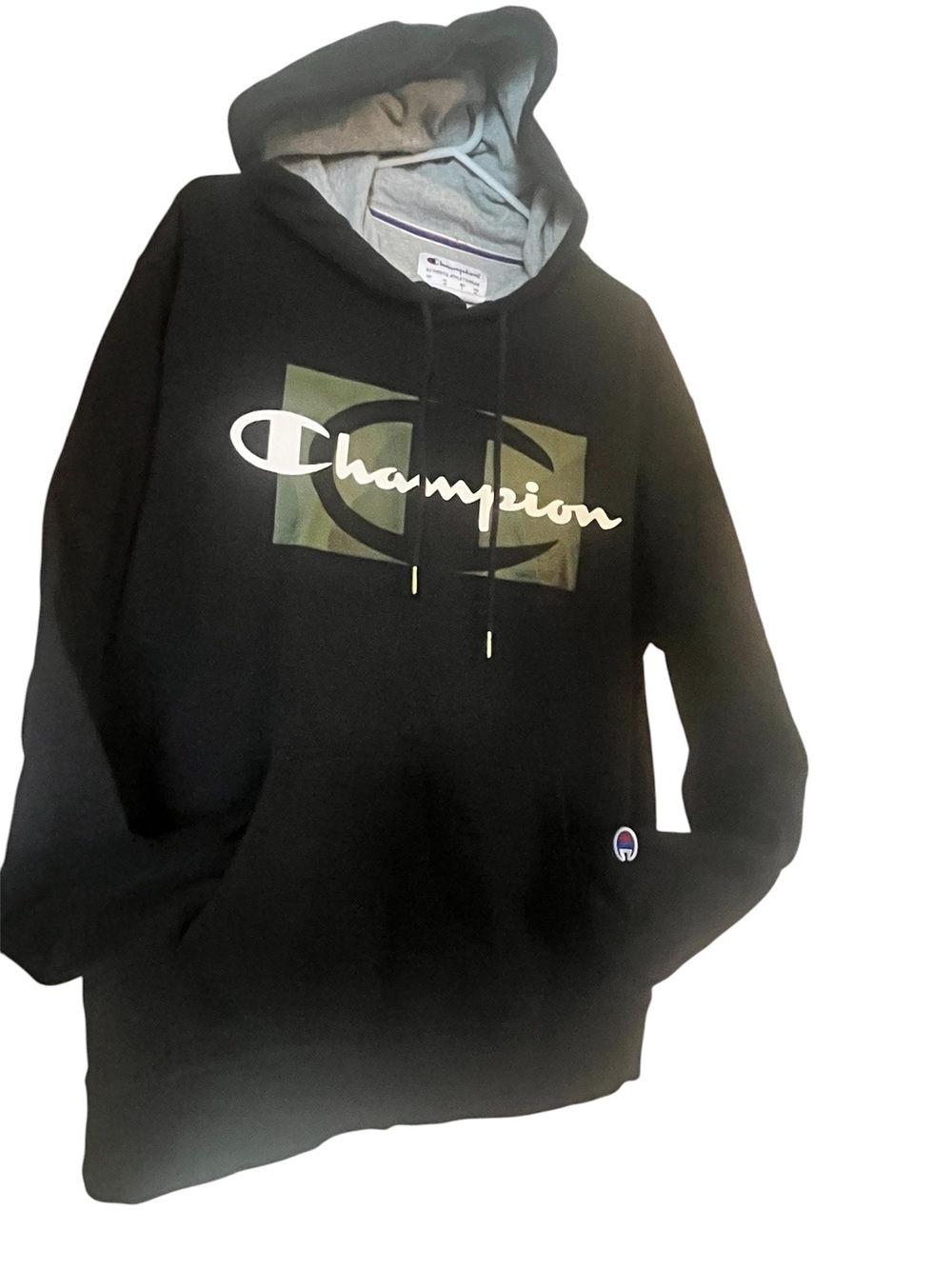 Champion Black Hoodie with Olive Camouflage Logo Excellent condition L363
